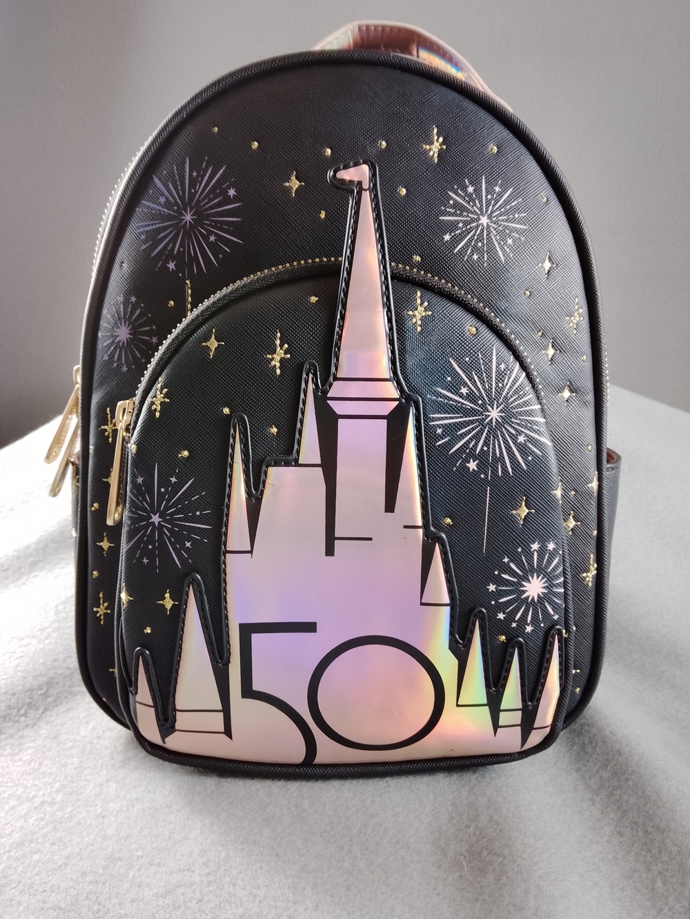 Loungefly Disney Parks Mini Backpack 50th Holographic Castle and Gold Stars